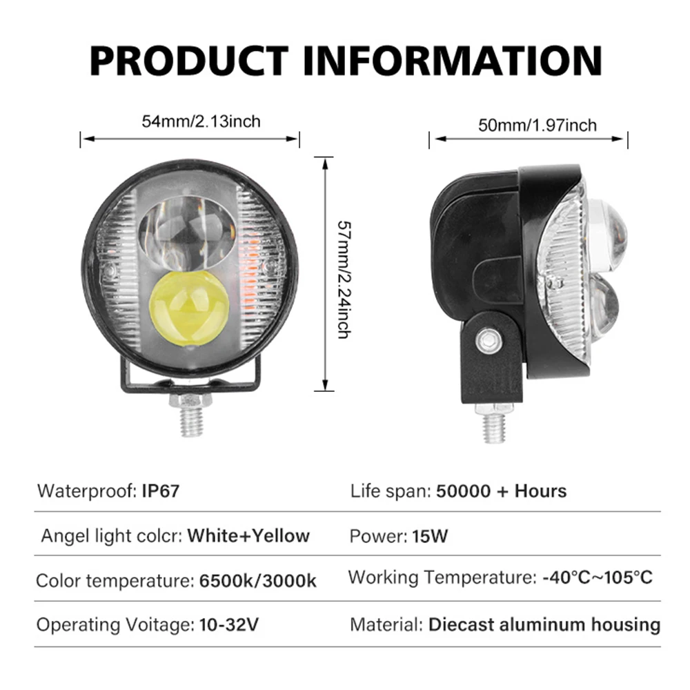 Mini Motorcycle LED Fog Lights 15W Dual Flashing Yellow White Red Blue Spotlight IP67 Aluminium Plastic Visibility Enhancer