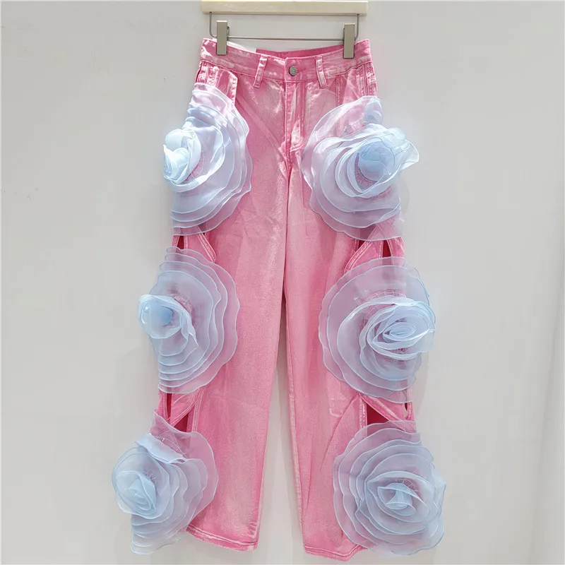 Jeans mit großem Blütenblatt-Hohldesign auf der Seite, Damen-Frühlings- und Sommerneue, hoch taillierte, lockere und dünne, vielseitige Hose mit weitem Bein