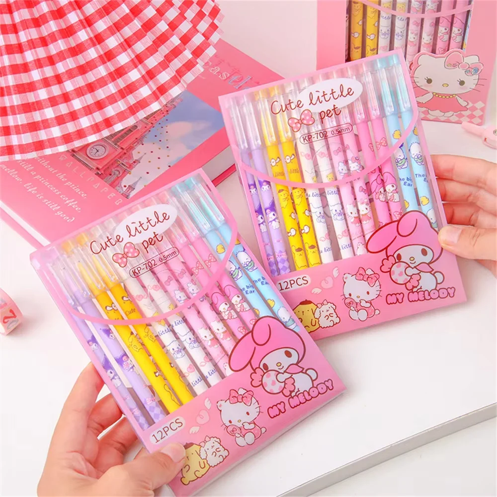 

12 шт./компл. шариковая ручка Sanrio Cinnamoroll Kuromi с мультяшной мелодией 0,5 мм, черные канцелярские ручки, школьные канцелярские принадлежности, студенческий подарок