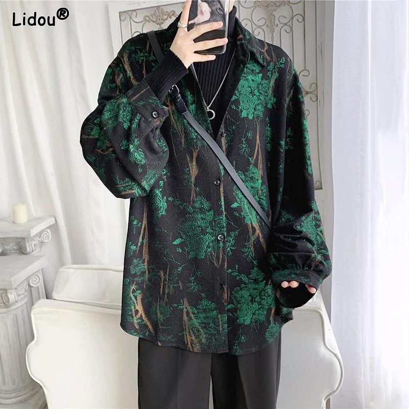 

Casual Fashionable Korean Loose V-neck Printing Temperament Spring Autumn Handsome Button Long Sleeve Man Men's Clothing 2023