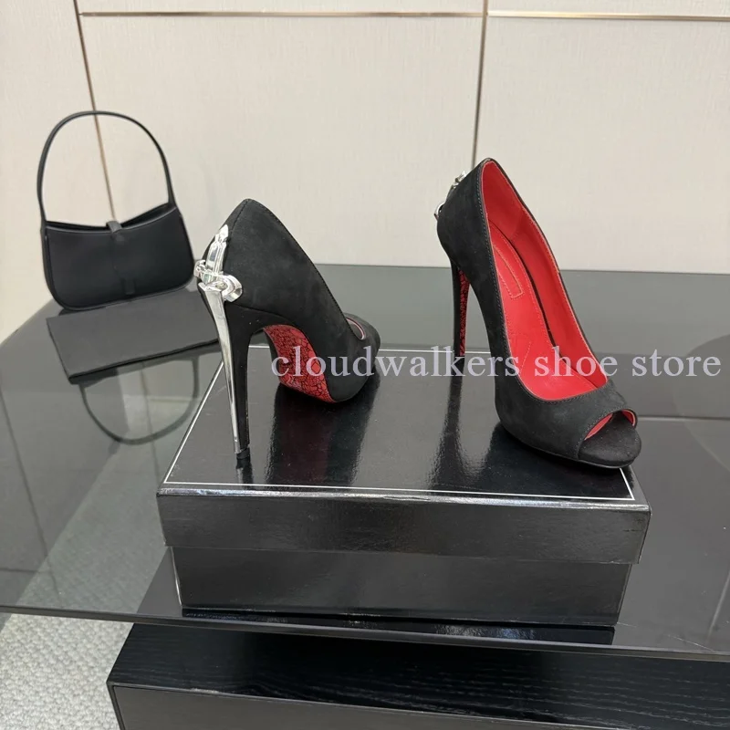 

Black Suede Scepter Strange Heel Design Pumps Fashion Platform Peep Toe Slip On Sexy High Heels Nightclub Party Hot Chick Shoes