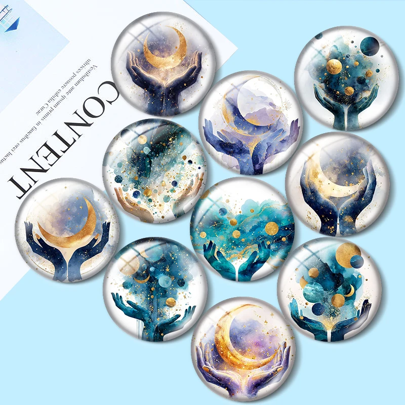 Moon Watercolor Hands for Mystical 10pcs 12mm/18mm/20mm/25mm Round photo glass cabochon demo flat back Making findings