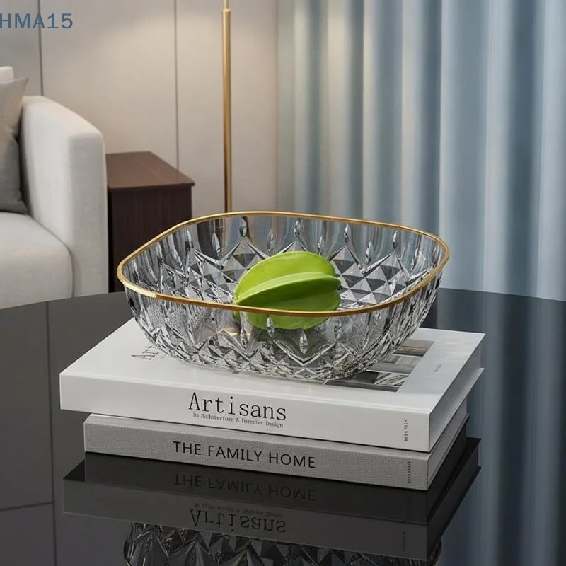 【YA】Crystal Fruit Bowl Elegant Gold Rim Diamond Cut Texture Shatter Resistant for Daily Fruit Snack Vegetable Serving Use