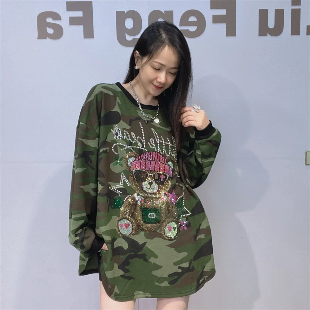 Cartoon Bear Camouflage Long Sleeve T Shirt Woman Oversized Tops Y2k 2026 Autumn Bust140cm Casual Loose Sweatshirts Outwears