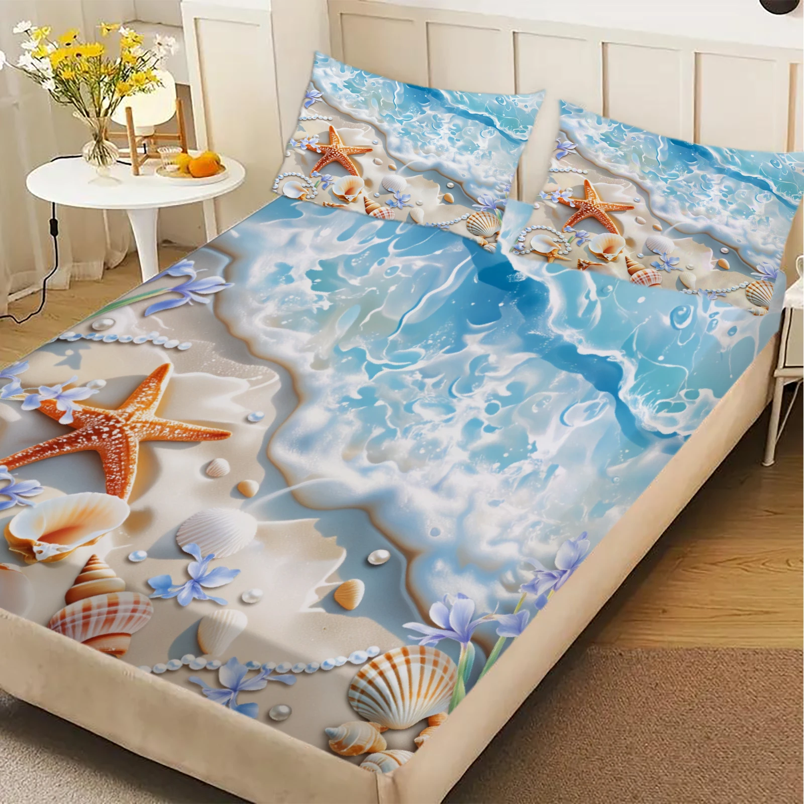 3pcs Sunny Summer Blue Fitted Sheet With 2 Pillowcases 3D Printed Tropical Style Starfish Shell Beach Washable Flat Sheet Sets