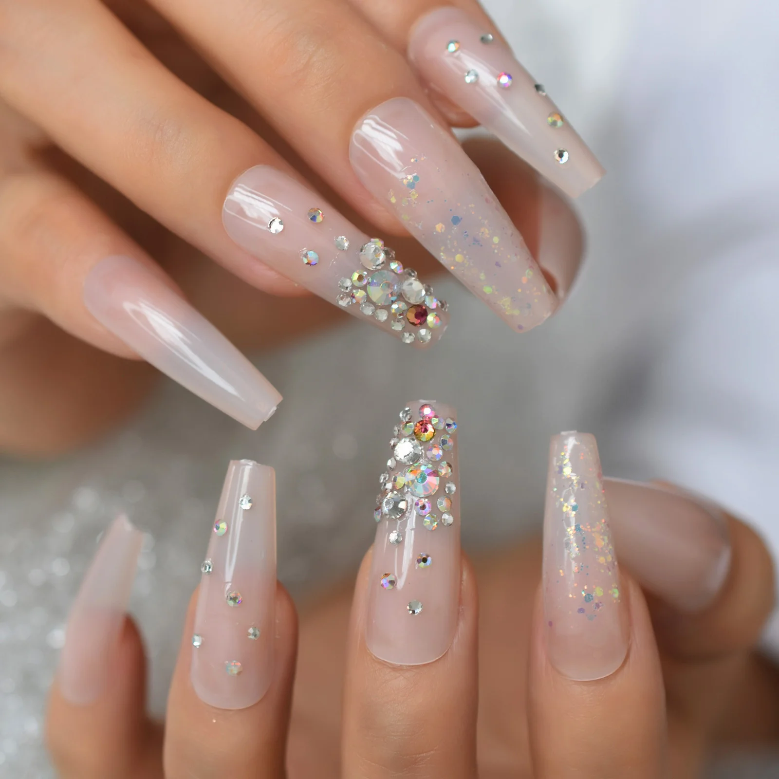 Super Lange 3D Kristallen Edelstenen Druk op Nagels Glanzende Glitter Jelly Roze Naakt Franse Ballerina Doodskist Valse Fake Finger Wear UV Nagels