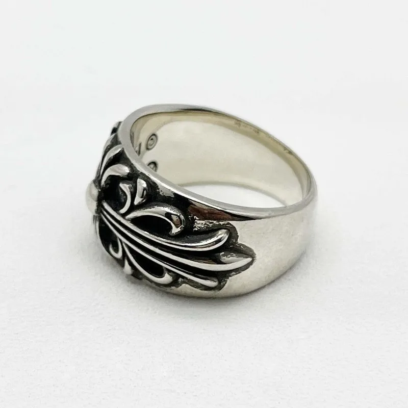 S925 Sterling Silver Protector Ring, Medium Size, European and American Antique Heavy Industry Ring, Domineering Classic Style, Cross Flower