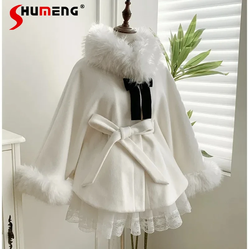 Japanese Y2k Fleece-Lined Thickened Cape Coat Winter Lolita Sweet Detachable Fur Collar Long-sleeves Jacket With Belt For Ladies