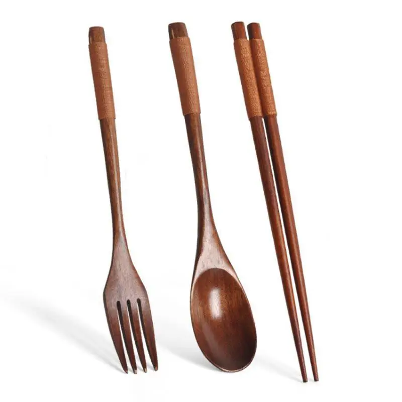 Wooden Spoon For Kitchen Fork Spoon Chopsticks 3-piece Solid Wood Long Handle Spoon Kitchen Accessories Tableware Decoration Set