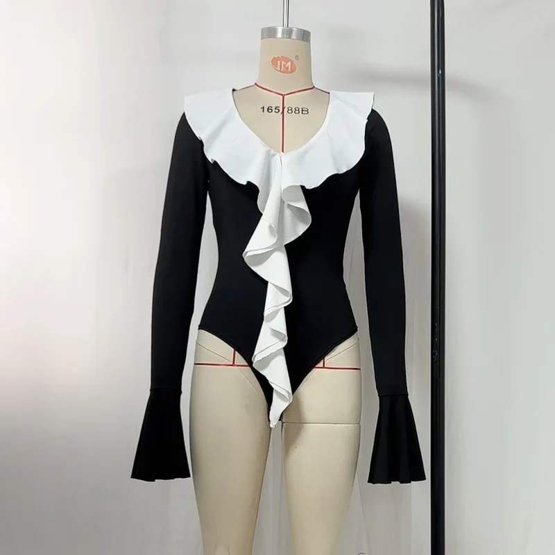 المرأة الجديدة الخامس الرقبة كشكش متوهج كم سليم صالح أعلى بذلة مثير Bodycon كم طويل قطعة واحدة داخلية #6