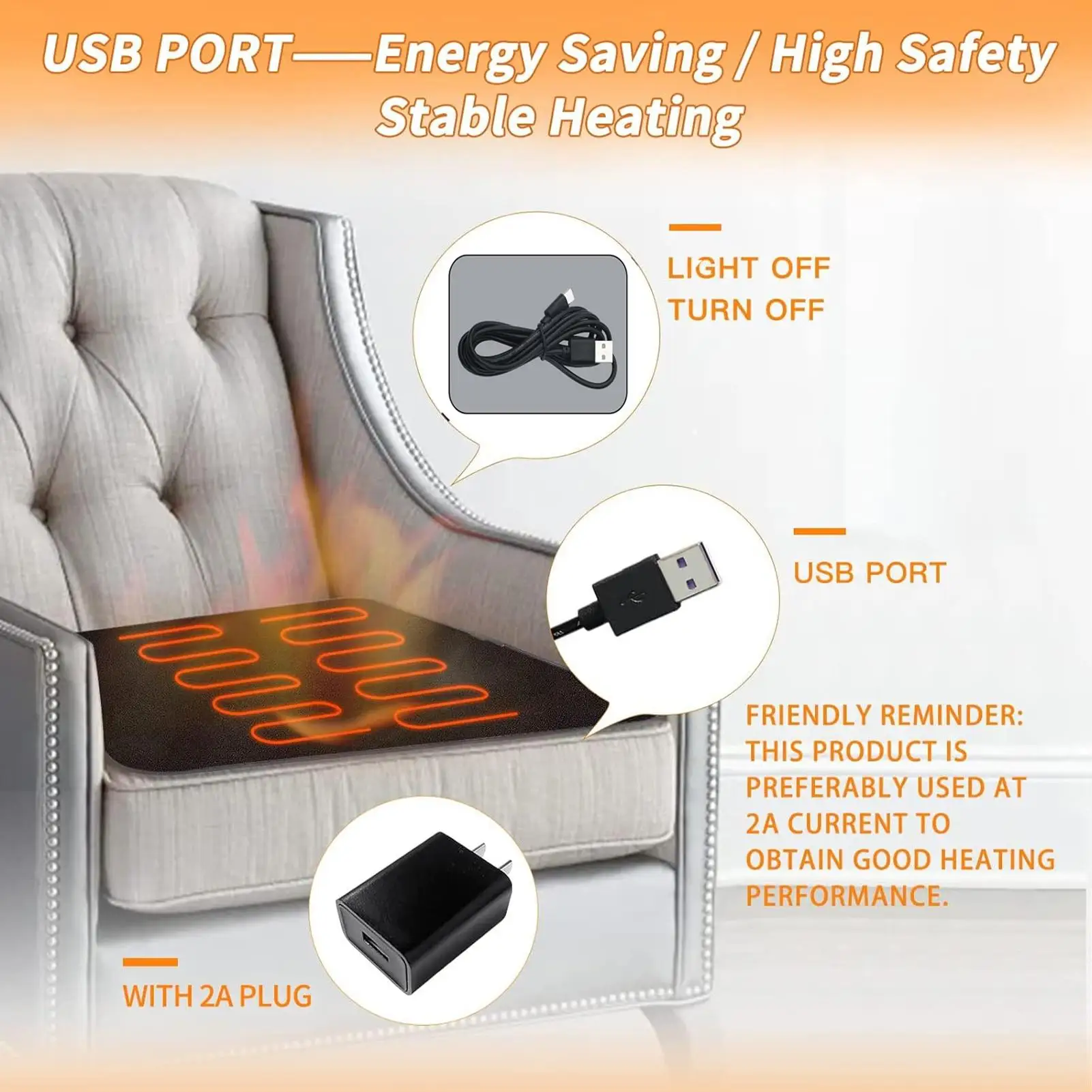 

Chair Heating Pad 3 Heat Settings Foldable Chair Mat USB Heated Stadium Seat For Office Outdoor Stadium Car Truck Camping