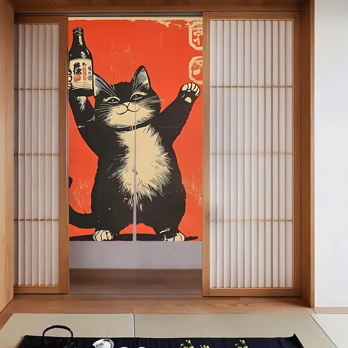 

A wine bottle decoration curtain in the shape of a cat, suitable for use as a partition in areas such as bedrooms and kitchens.