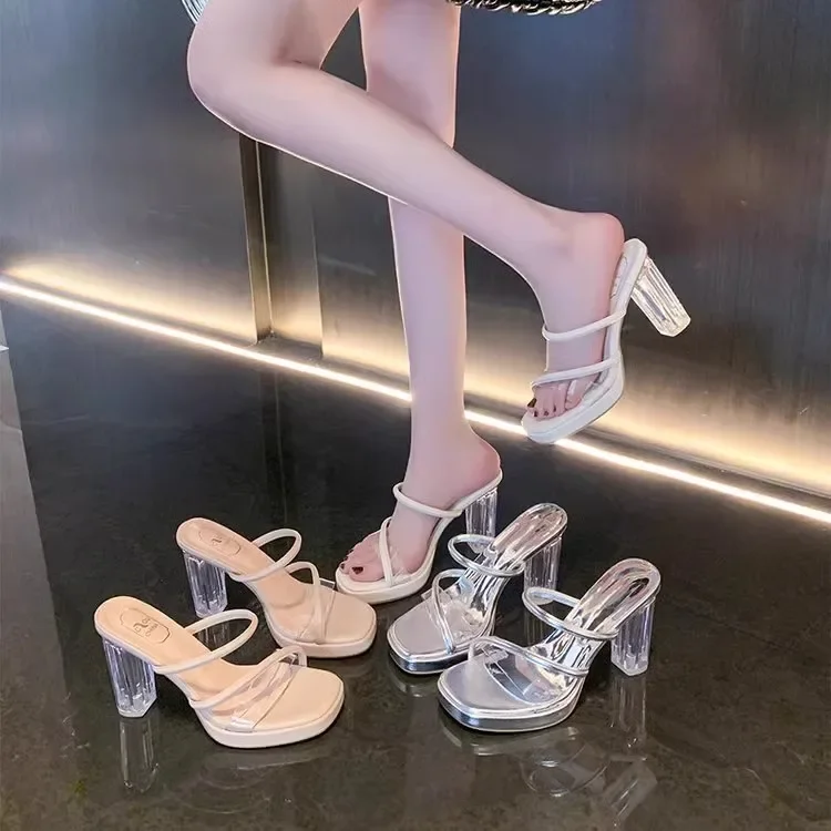 

High Heels Women's Summer New Transparent Sandals with A Thick Single Strap Worn with Crystal Heels Single Strap Sandals