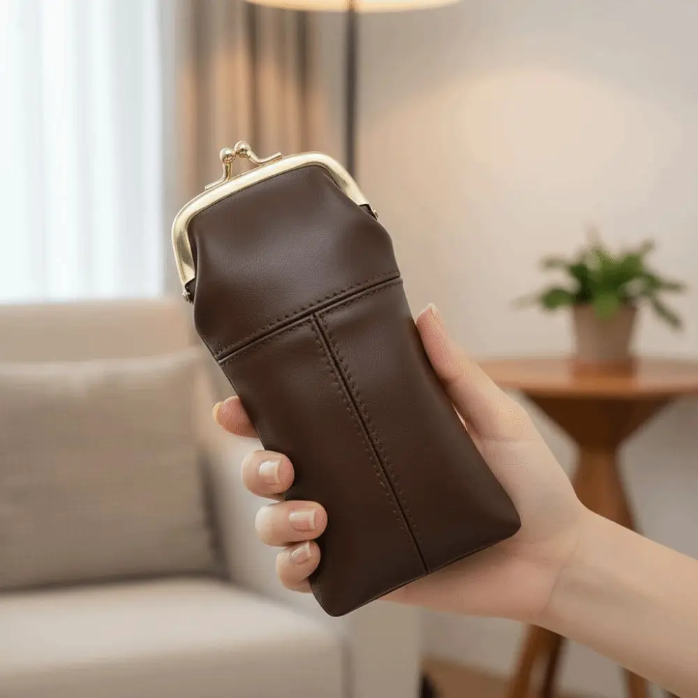 Secure Closure Leather Kiss Lock Purse Multi-Functional Exquisite Retro Clasp Eyeglasses Bag Metal Frame Large Capacity