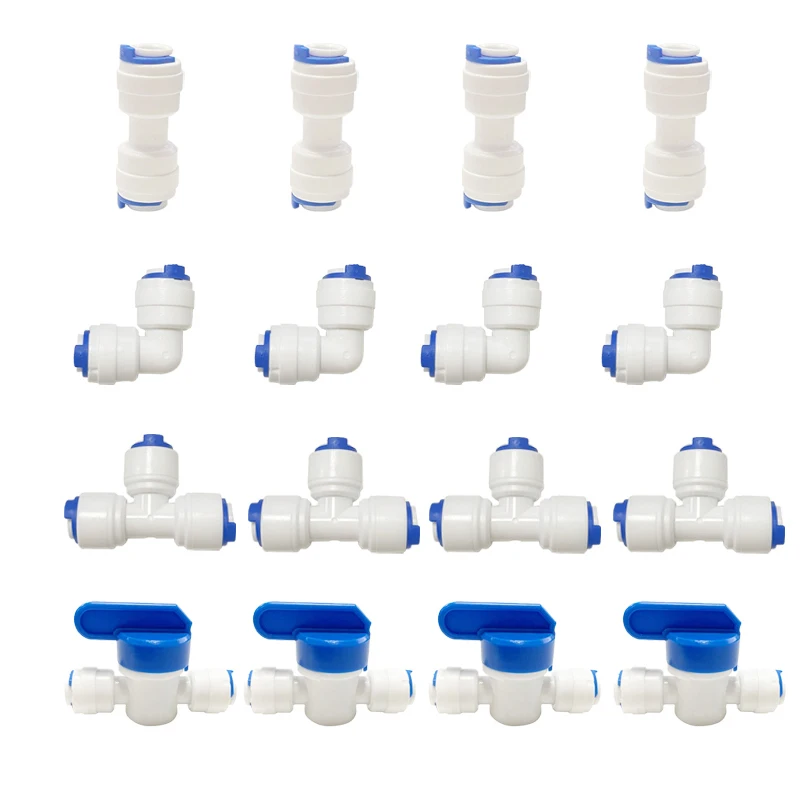 

Push To Connect Quick Fitting 1/4" Tube OD For RO Water Reverse Osmosis System Ball Valve Tee Elbow Straight Pack Of 16 Pcs