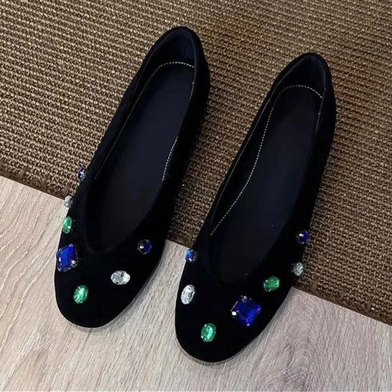 Zapatos planos de lujo con piedras preciosas de colores para mujer, cómodos mocasines de gamuza poco profundos con punta redonda para mujer, zapatos informales elegantes de diseñador de marca