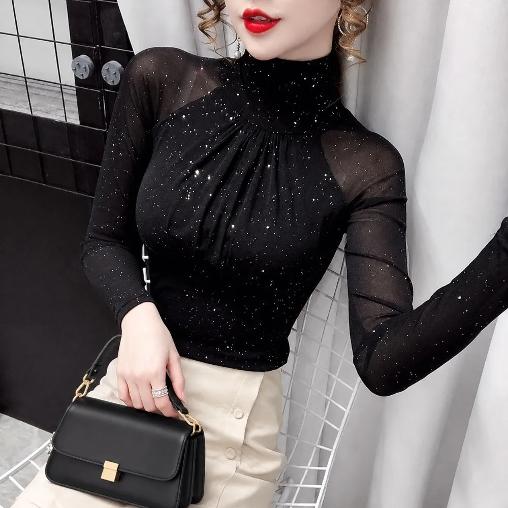 New Mesh Lace Blouse Glitter Detail Ruched Front Long Sleeve Shirt Slim Fit Fleece‑Lined Option Mesh Top Layering Outfit