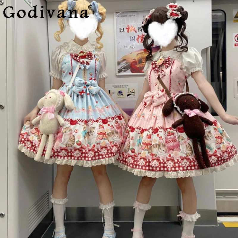 

Japanese Sweet Lolita Dresses Jsk Women Kawaii Bow Milk Shake Strawberry Print Tea Party Strap Dress Girls Y2k Princess Dress
