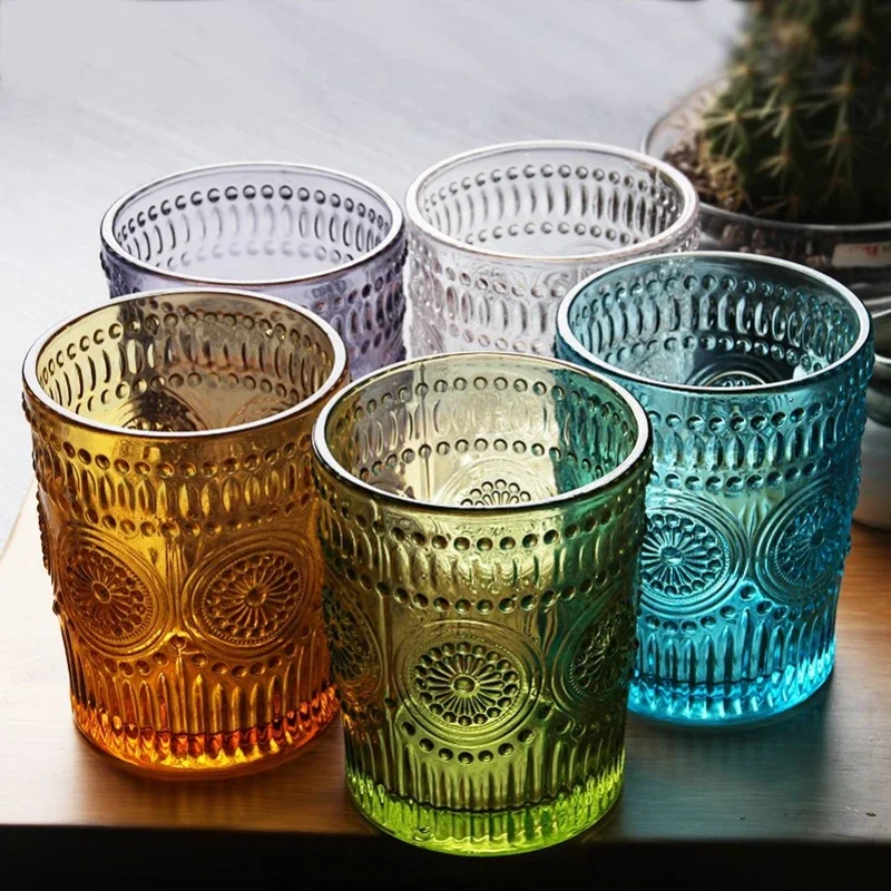 Retro Embossed Sunflower Striped Glass Cup Internet Celebrity Household Wine Glass Juice Thickened Drink  Drinking Bottle Home