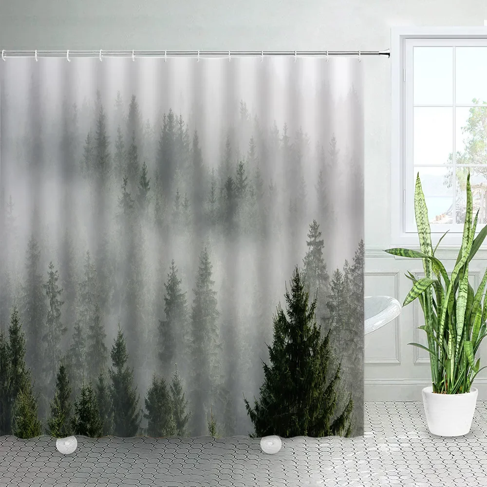 Fog Forest Shower Curtains Mist Pine Trees Natural Landscape Bath Curtain Sets Home Polyester Fabric Bathroom Decor With Hooks