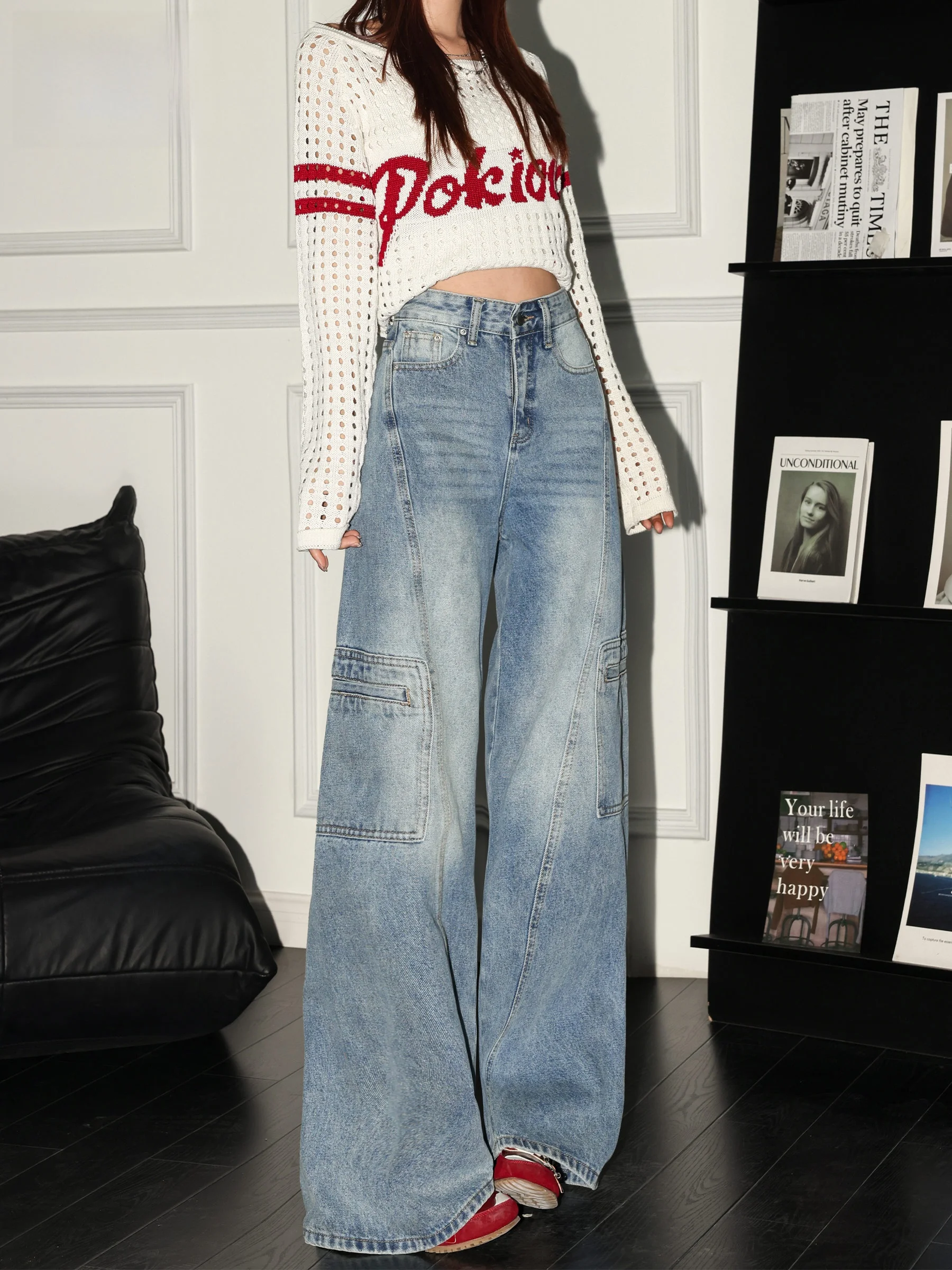 

Blue American Workwear Jeans Women's Loose Design Sensation Slimming High Street Floor-Length Pants Autumn New Style Casual S...