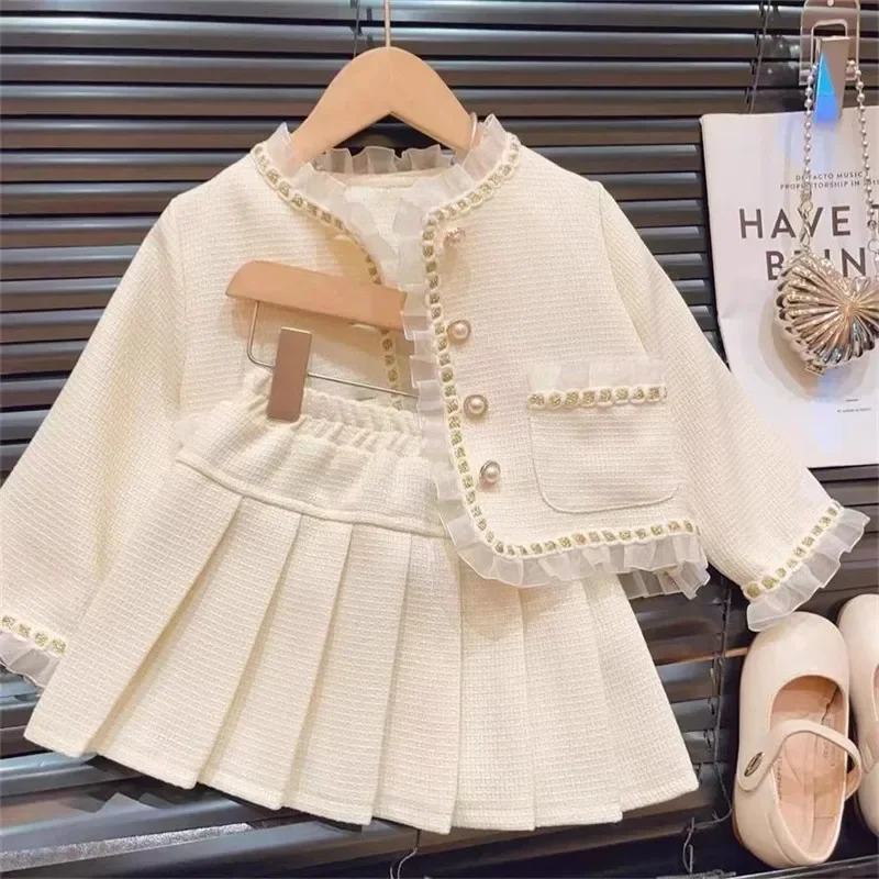 Zestawy dziecięce Wiosna Nowe Światło Luksusowa Dziewczyna Dziecko Moda Luźny Płaszcz Plisowana Spódnica Dwa Kawałki 2024 Prosta Moda Słodka
