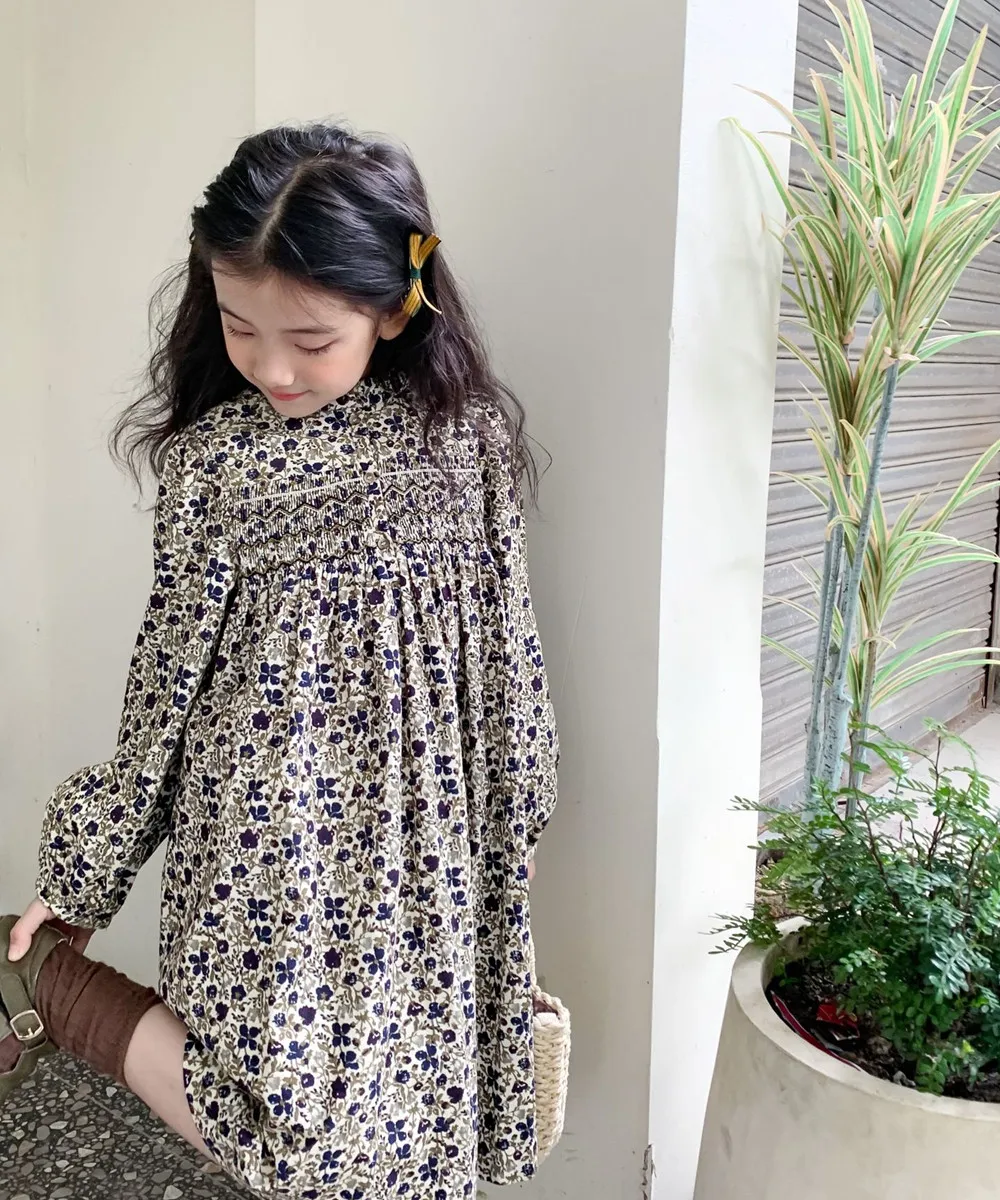 Autumn winter girls' dress French cherry long sleeved dress Hand embroidered floral patterns kids clothes