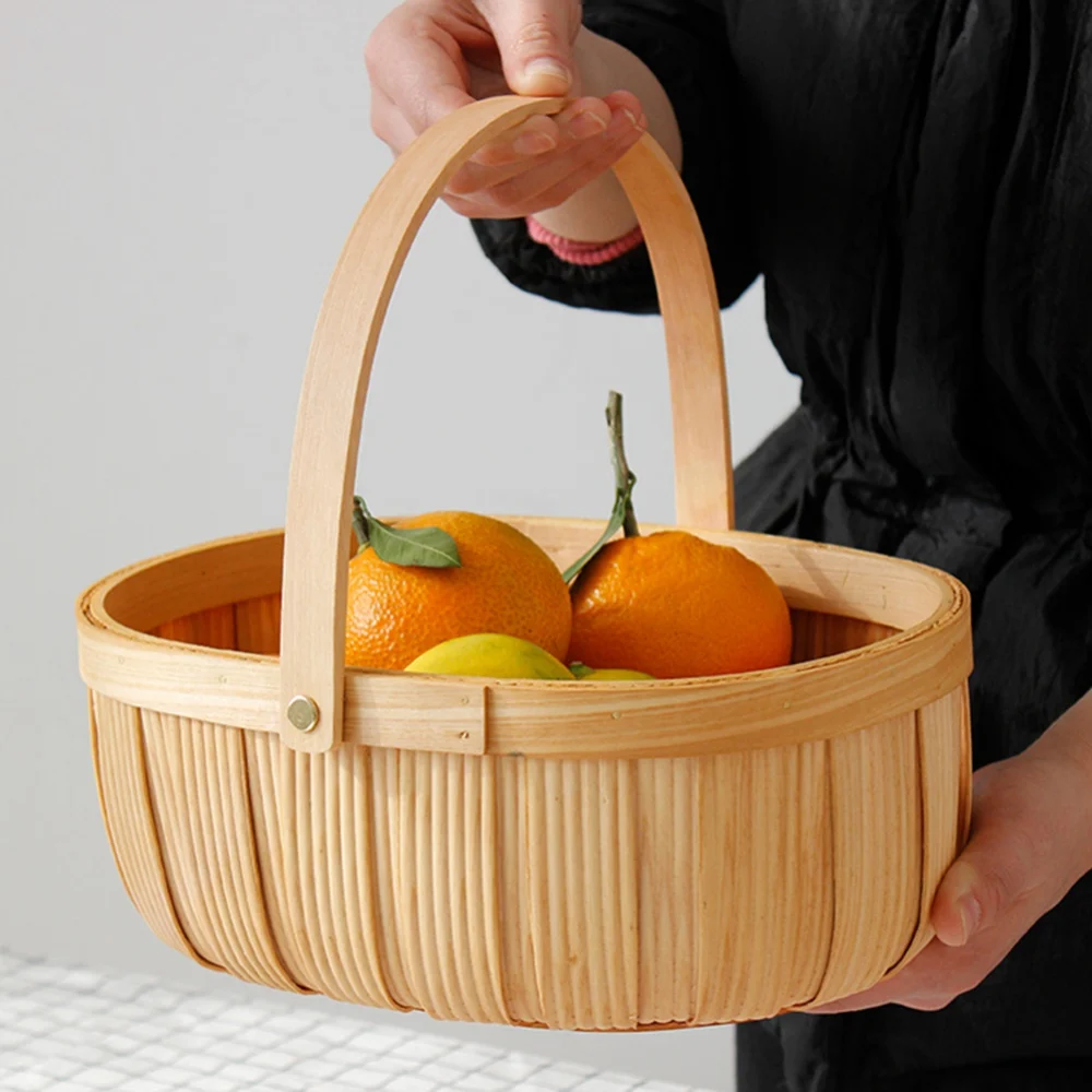 Wicker Picnic Basket With Handle Natural Woodchip Woven Storage Basket Portable Fruit Vegetable Shopping Basket Flower Basket