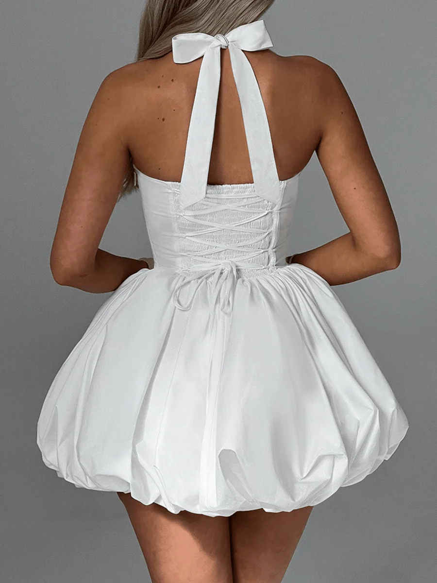 

Women's White Sleeveless Halter Dress with Bow Tie Back and Puff Skirt
