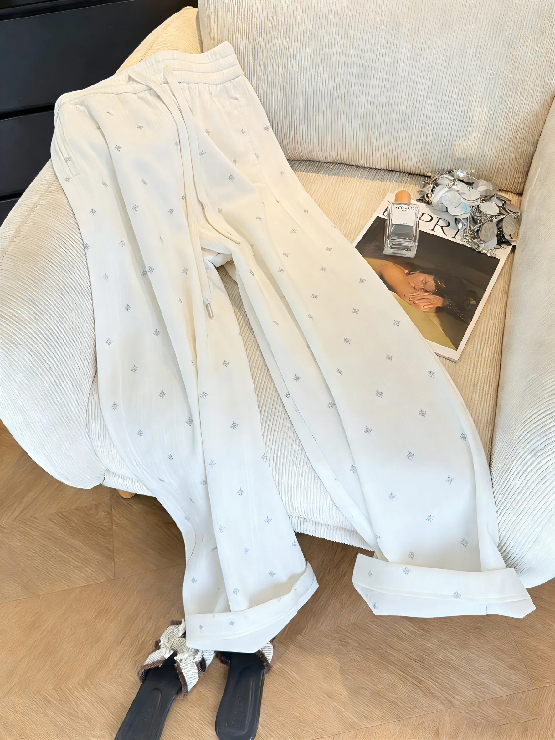 

Casual Loose Straight Leg Pants ex Spring Autumn White Faionable Slimming Long Trousers Comfortable Geometric Pattern N...