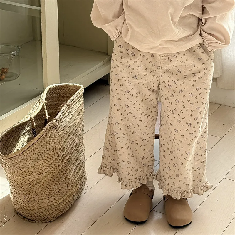 

Children's Pants 2025 Spring Gcorduroy Nine Inch Pant Treasure Black Fungus Edge Broken Patterned Clothes Wide Leg Straight Leg