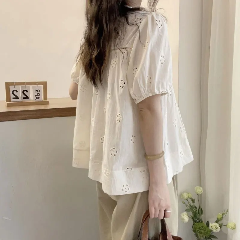 Basic Solid Color Korean Shirt Stylish Hollow Out Summer Casual Round Neck Female Clothing Loose Short Sleeve Vintage Blouse New