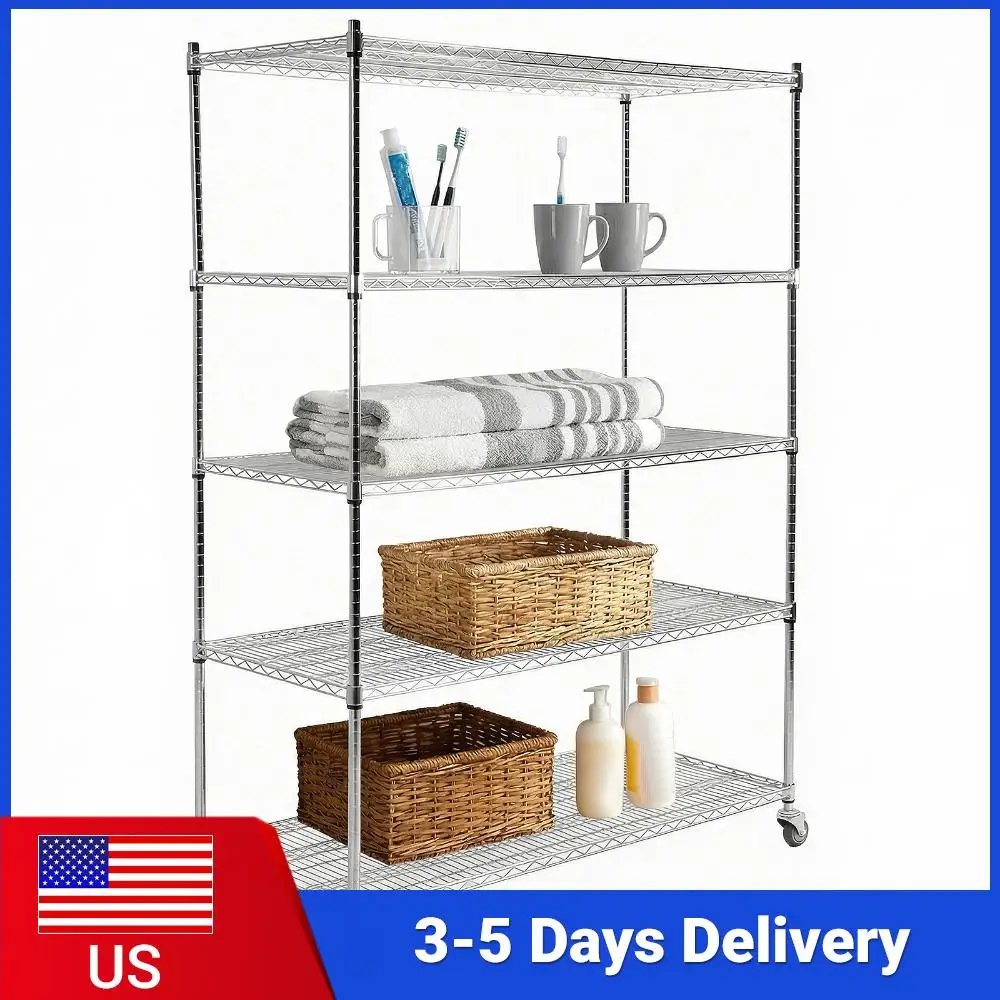 

5-ярусный коммерческий стеллаж из нержавеющей стали на колесах, сверхпрочный металлический стеллаж для кухни, кладовой, гаража