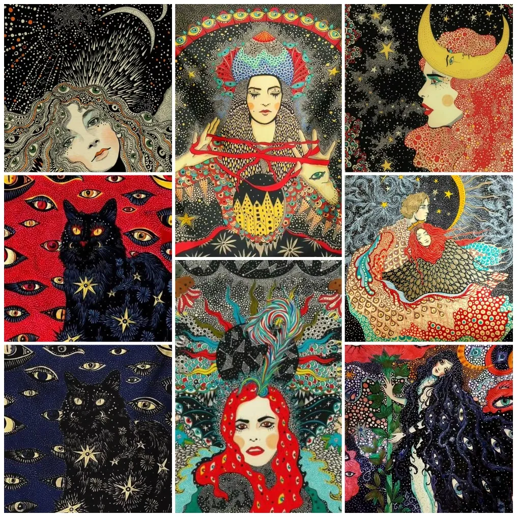 

Bohemian Occult Dot Art Witch & Black Cat Jigsaw Puzzle, Crescent Moon Psychedelic Folk Portrait Home Wall Decor