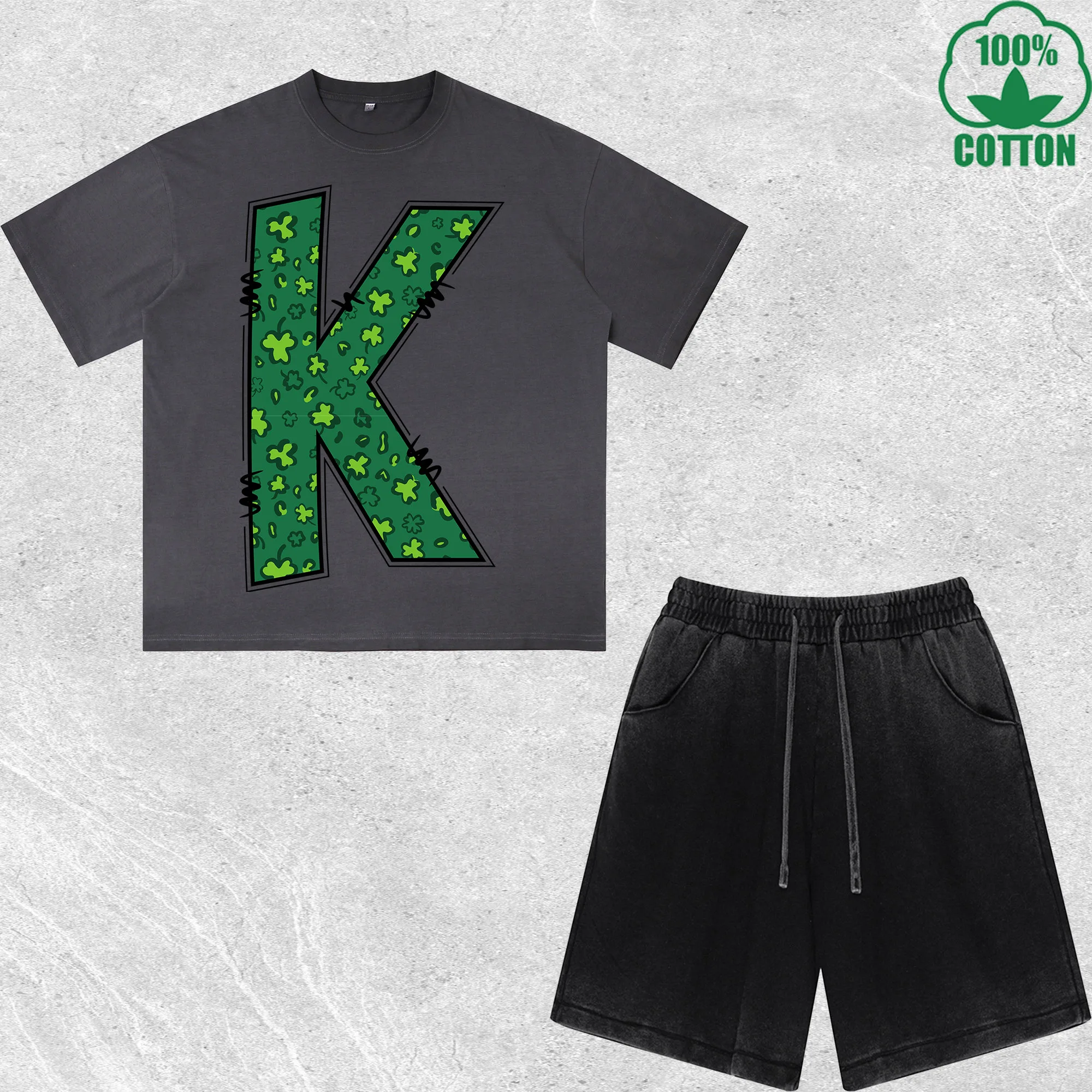 

Luck Letter K Printed Dirty Wash T-Shirt Shorts Set Multicolor Combo Loose Trendy Fashionable 100%Cotton Short Value Pack