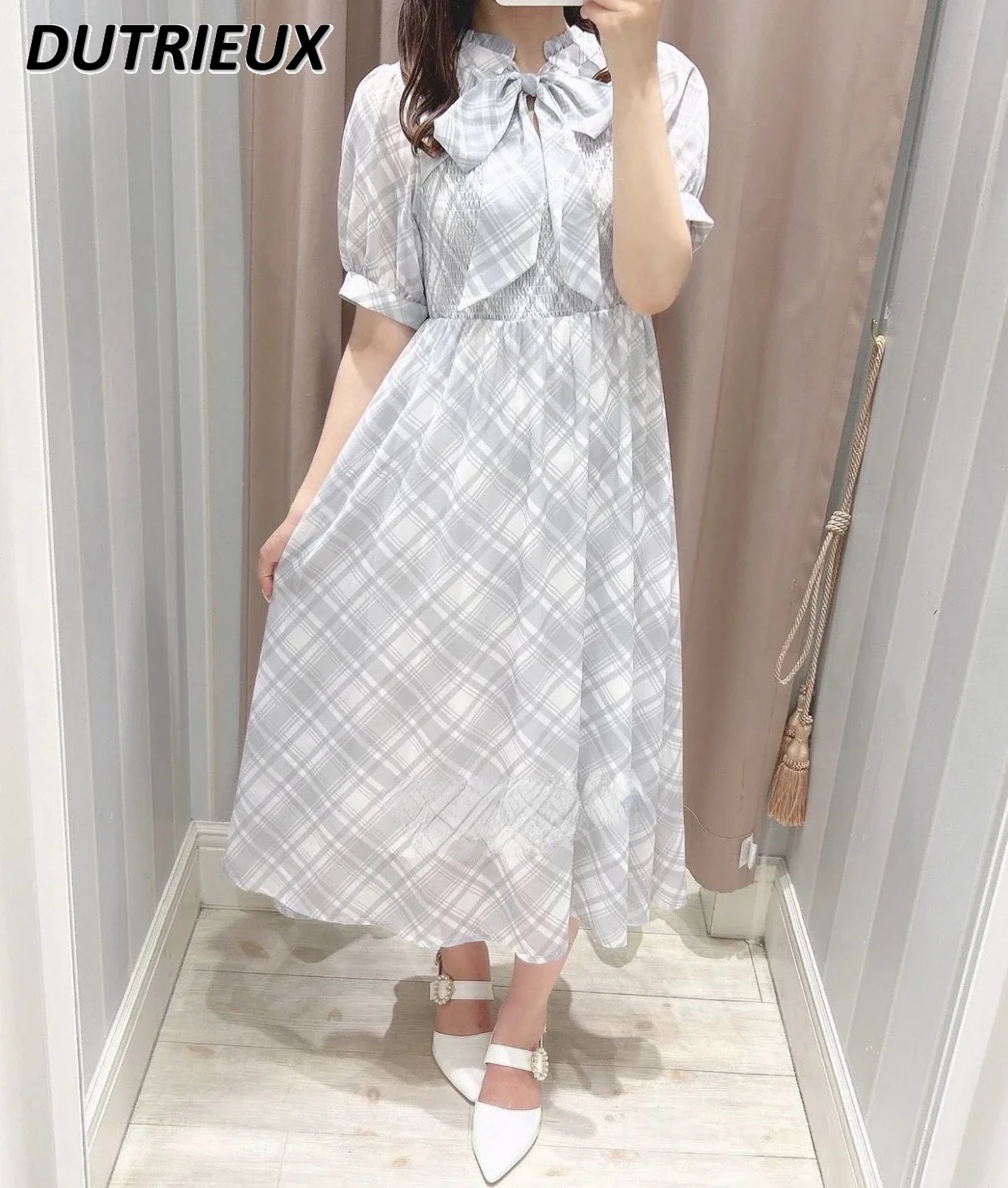 

Mine Style Mass-Produced Printed Checks Bow Tie Short Sleeve Dress Women's Graceful and Fashionable Summer Lace-up Long Dress