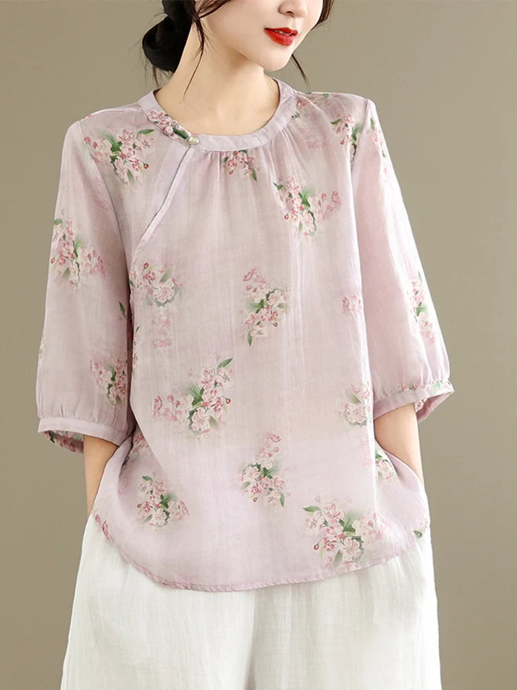 

High-End Fashion Printed Flax Set Women Summer Three-Quarter Sleeve Top Pants Cotton Linen Two-Piece Set Breathable Lightweight