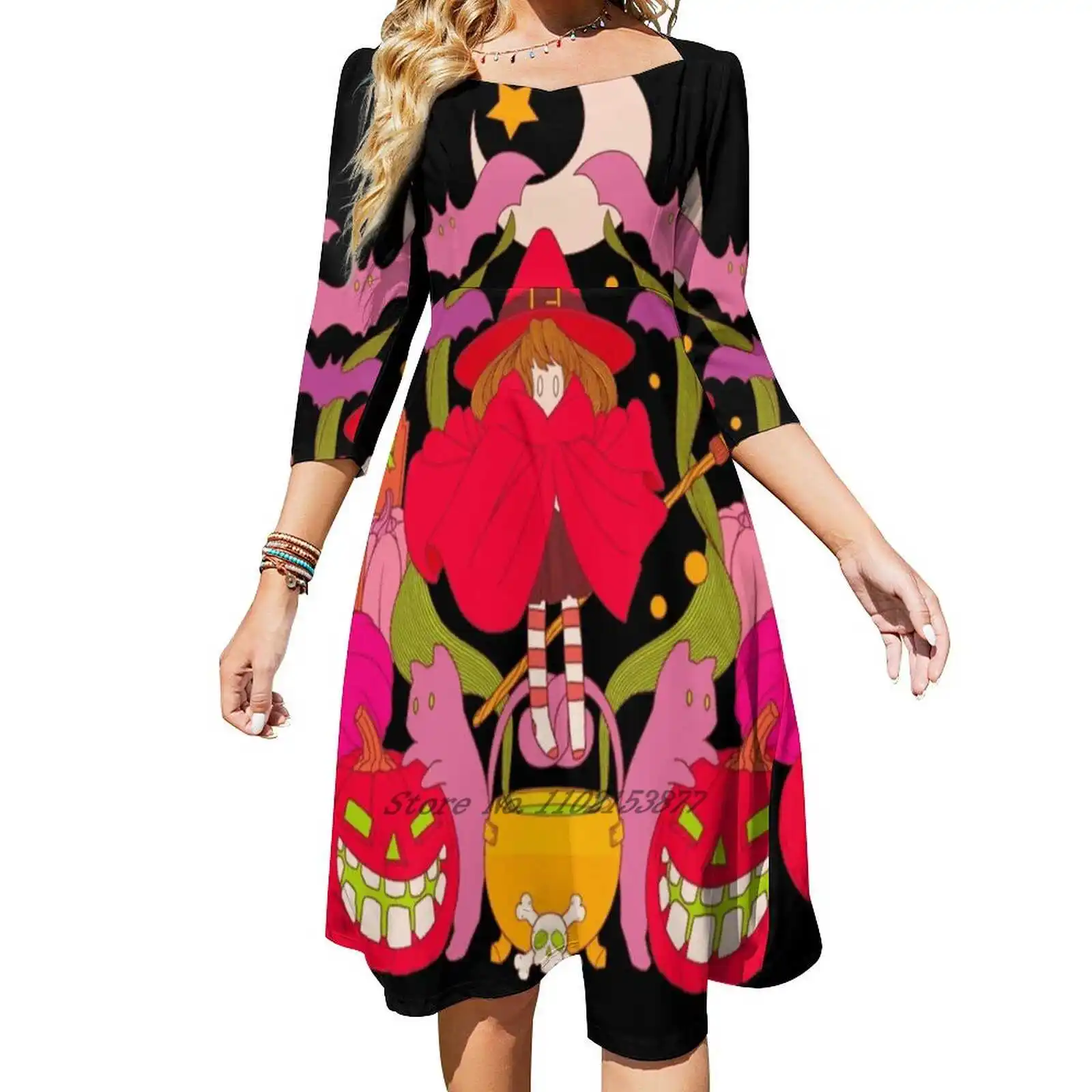 All Spooky And Red Loose Pocket Dress Fashion Print Dress Short Sleeve V-Neck A-Line Dress Halloween Witch Magic Pumpkin Cat