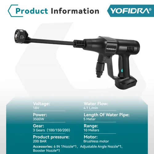 Imagen 2 del producto Pistola de agua para lavadora de coche de alta presión sin escobillas Yofidra 200Bar 6 en 1 pistola pulverizadora para limpieza de jardín para Pin de batería Makita