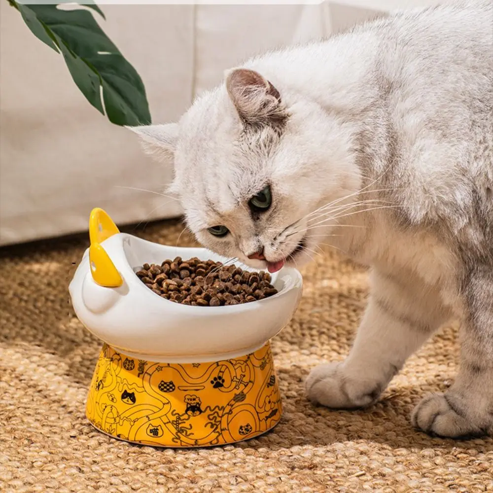 

Cute Ceramic Cat Bowl Large Capacity Anti Overturning Pet High Foot Bowl with Cat Ear Spoon Non-slip Dog Food Feeding Basin