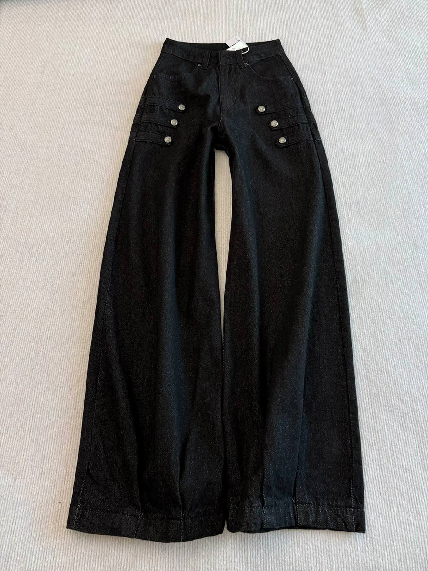Black Rivet Splicing Jeans Men's Spring Autumn Trendy Brand Handsome Street Style Straight Leg Micro Flare Pants