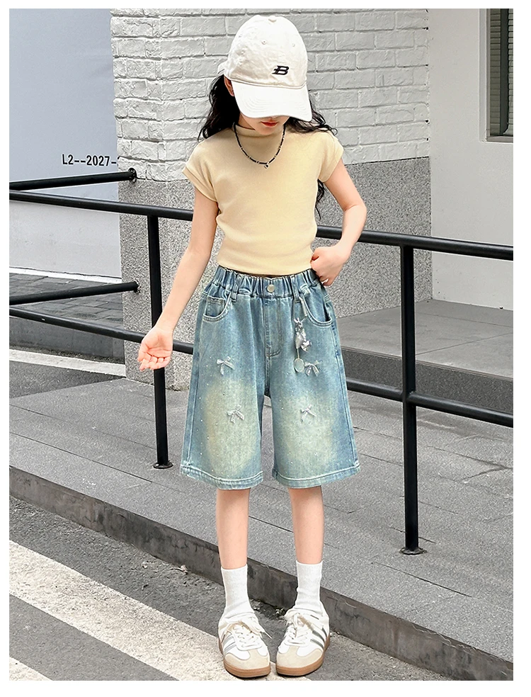 Neue Modische Kinder-Knielange Jeans-Shorts mit Schleife und Strass für Teenager-Mädchen, Lässige Capri-Jeans mit Schleife – Detail 5