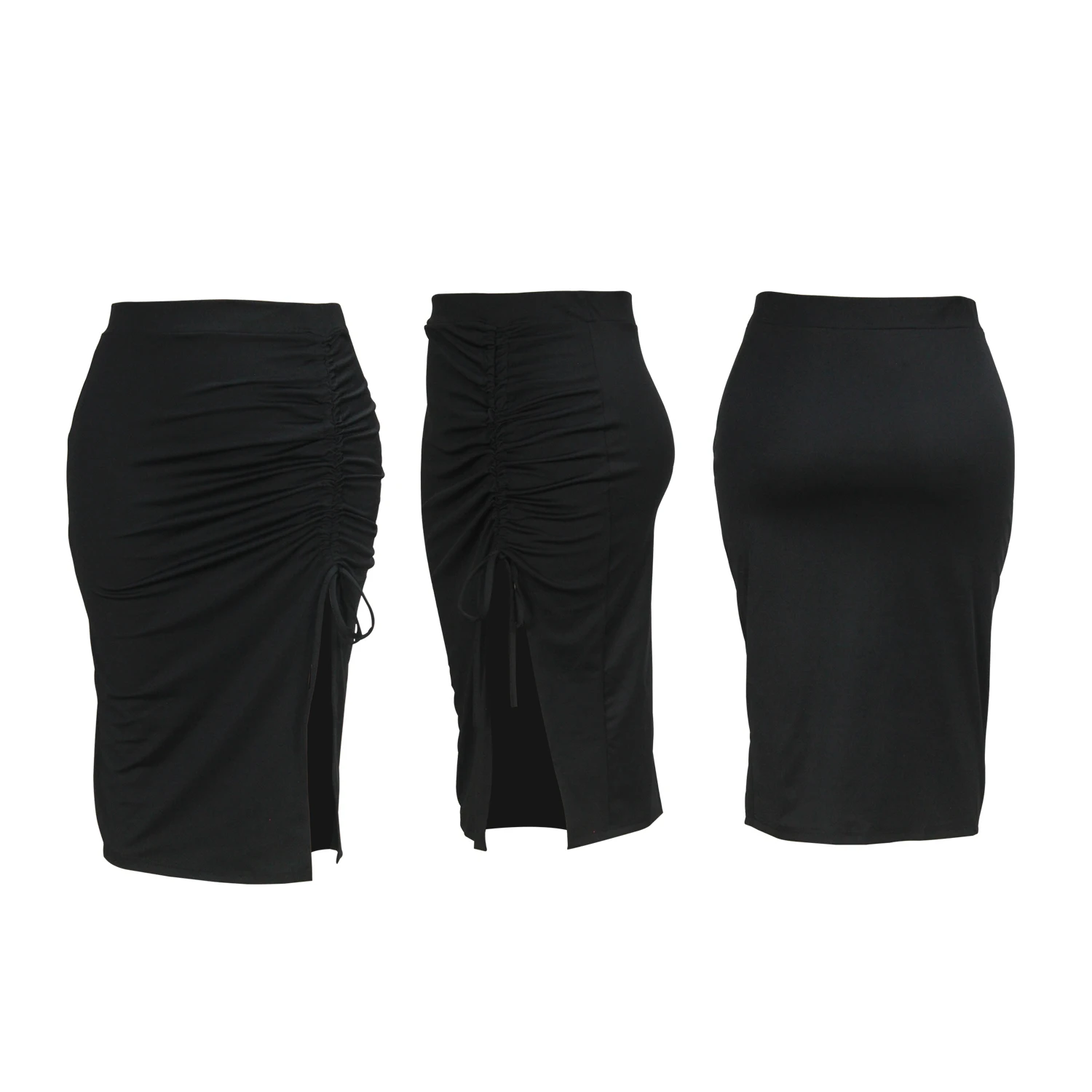 Spring and summer new style elegant wind asymmetric high slit pure black skirt