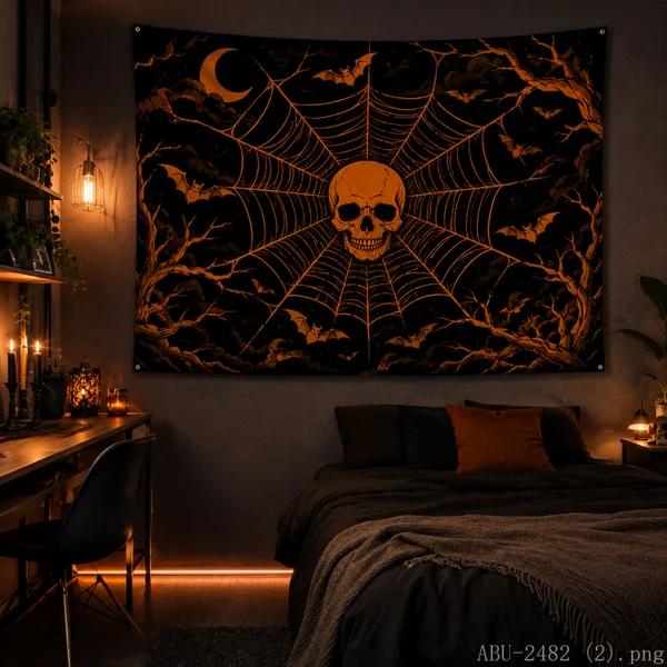 VIKAMA Gothic Skull Spider Web Tapestry Crescent Moon Dead Tree Bat Wall Hanging Horror Halloween Bedroom Aesthetic Decor