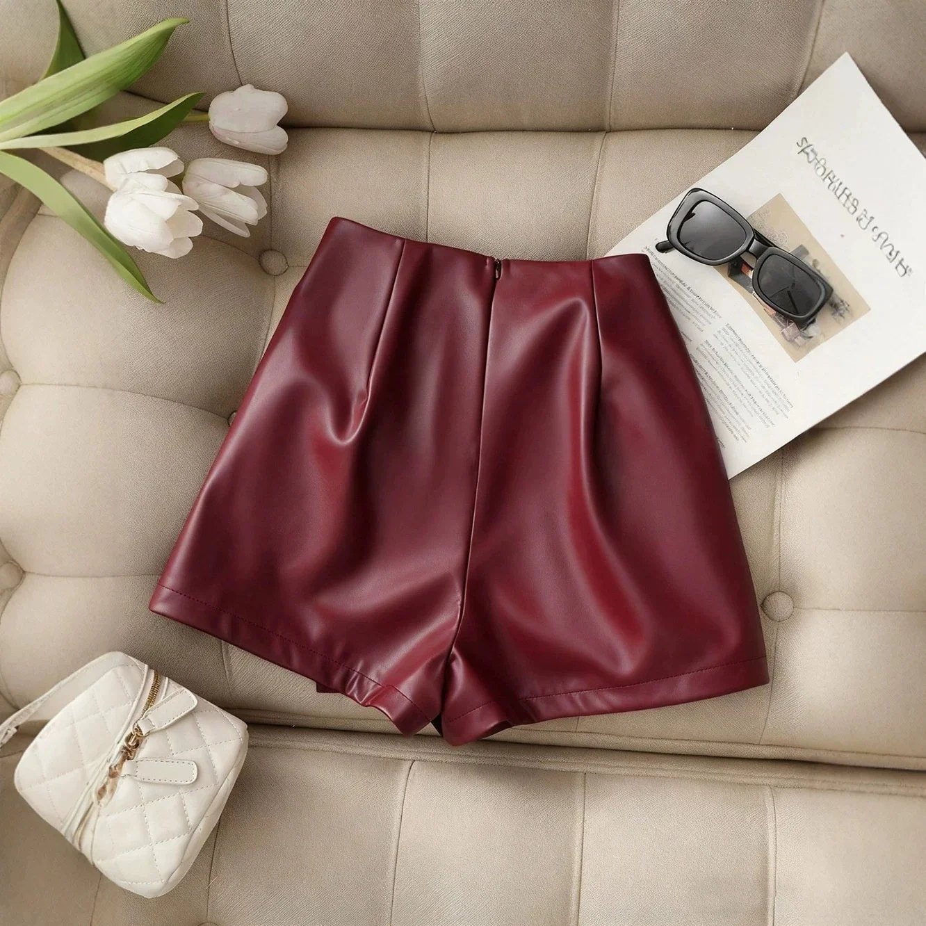 Fashionable Leather Shorts Street Style Casual Short Length Party Women's Pants Polyester Fabric Low Waist Youth Suitable