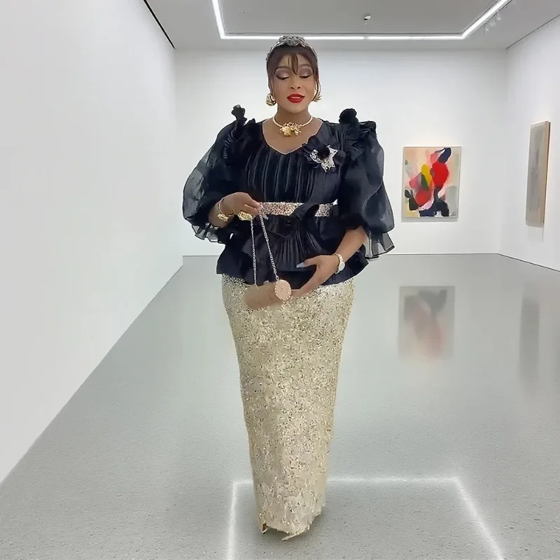 

African Dresses For Women 2025 New Evening Party Wedding Dress Plus Size Sequin Gowns Elegant Gauze Tops Puff Sleeve Clothes
