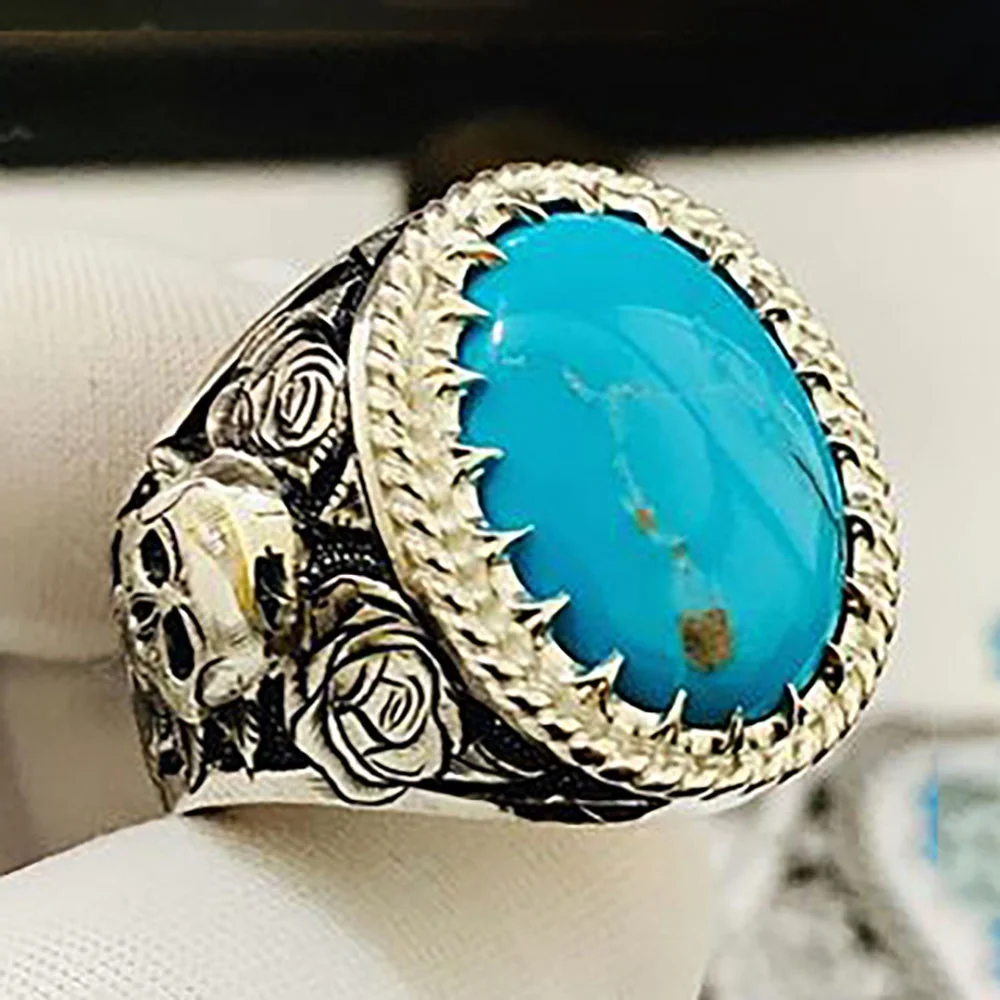 Punk Men's Handmade  Skull & Rose Flower Turquoise Fashion Rings Exquisite Hand Carved High Jewelry  Anniversary  Size US 6-13