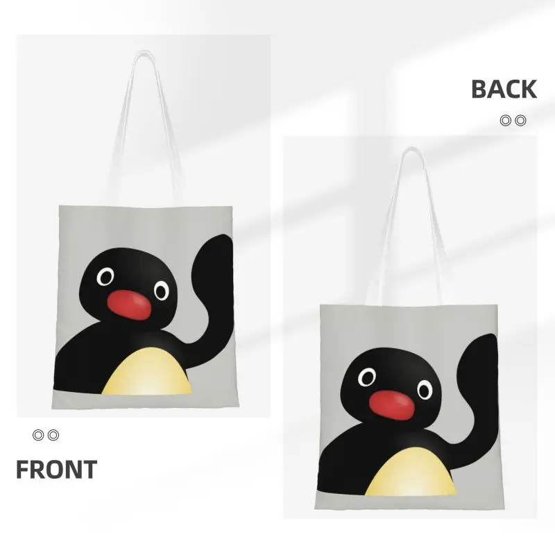 Kawaii Pingu Waving Shopping Tote Bag Recycling Penguin Canvas Groceries Shopper Shoulder Bag