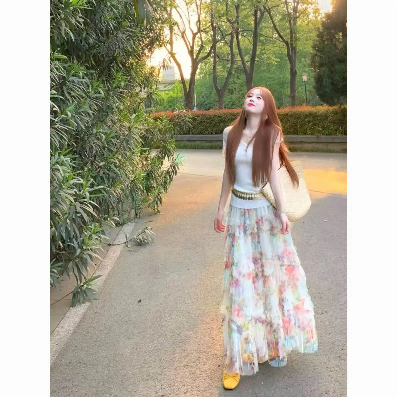 Summer Beautiful Women's Short Sleeve T-Shirt Floral Heavy Cake Skirt Two-Piece Set Casual High Waist Polyester Elastic