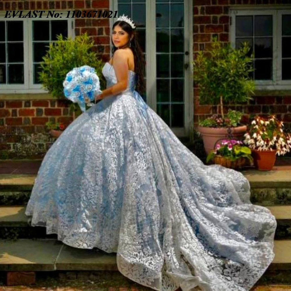 فستان Quinnceanera أزرق السماء من EVLAST-Princess ، دانتيل لامع ، مطرز بالخرز ، فستان 16 كرة حلو ، مكسيكي ، SQ512